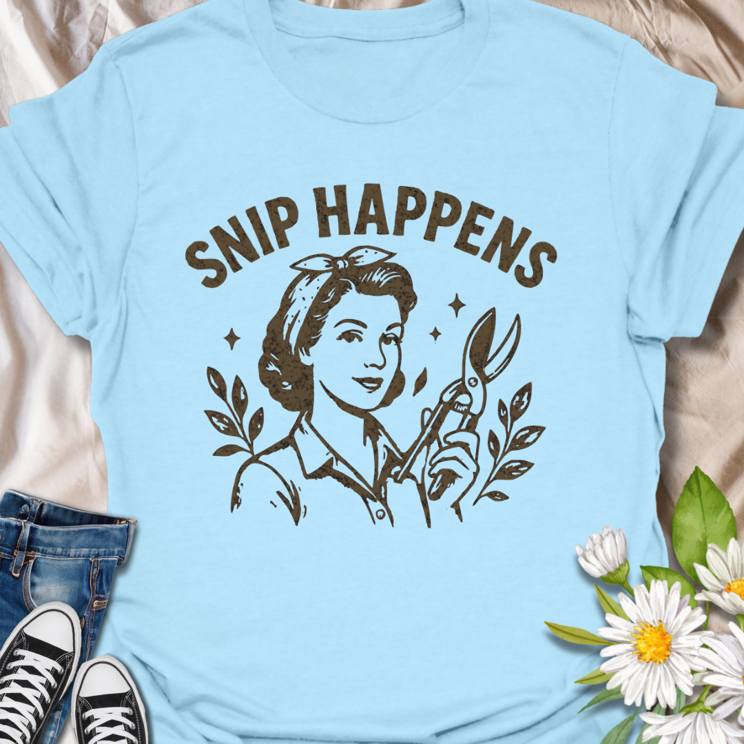 Add a witty twist to your garden gear with this “Snip Happens” t-shirt, featuring a vintage-style gardener wielding pruning shears. Perfect for plant lovers, horticulturists, and anyone with a green thumb and a sense of humor, this bold yellow tee brings style and laughs to the garden or the street. Makes a fun gift for gardening moms, grandmas, or plant parents.