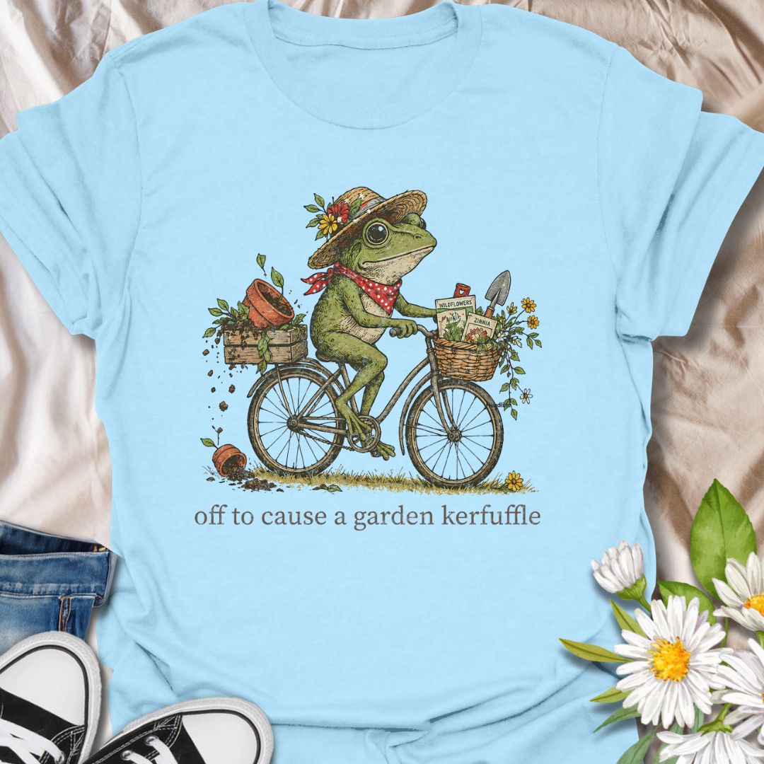 Off to Cause a Garden Kerfuffle Funny Frog Gardening T-Shirt