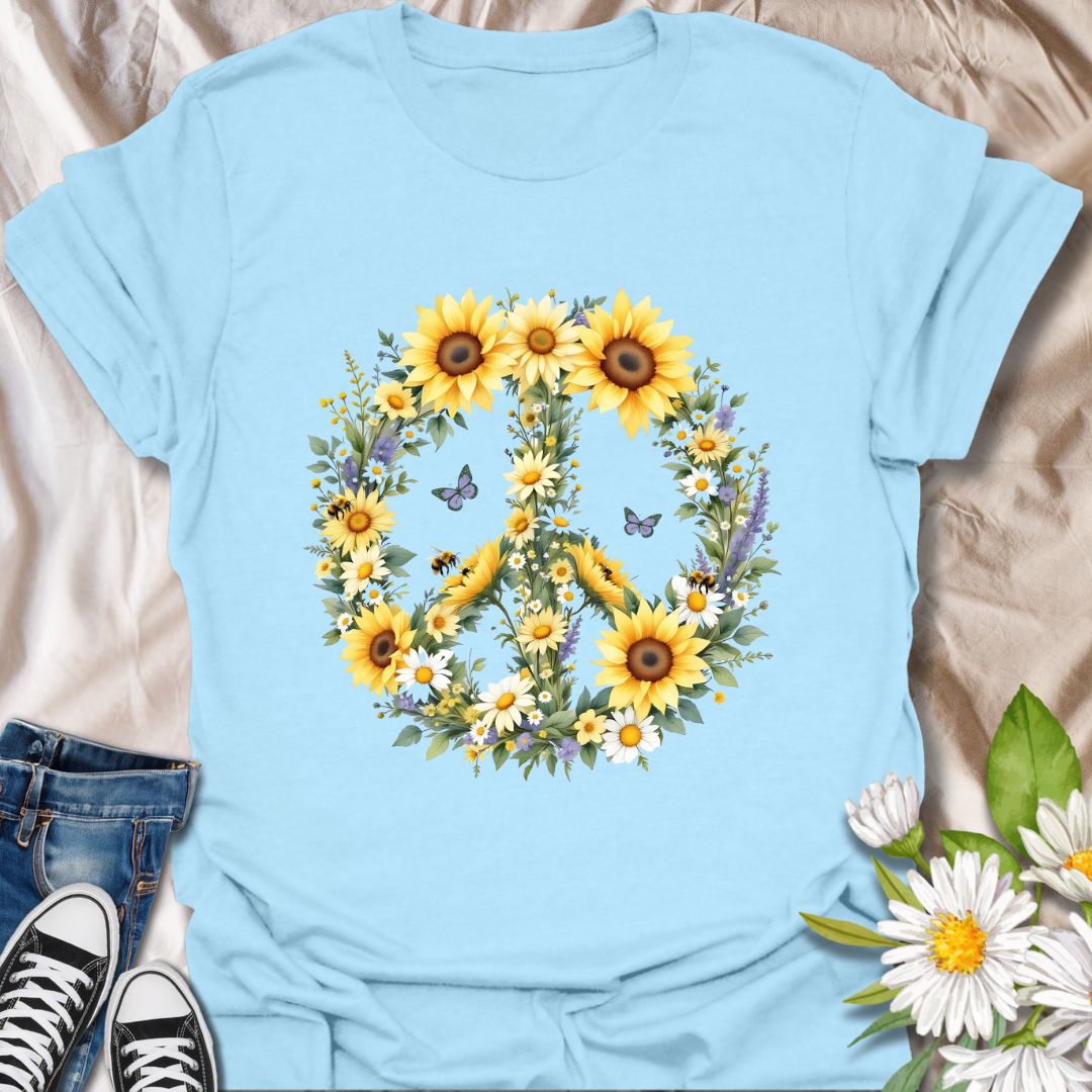 Beautiful peace sign made from bright sunflowers, daisies, and wildflowers with bees and butterflies. Ideal boho t-shirt for nature lovers, gardeners, and flower enthusiasts. light blue