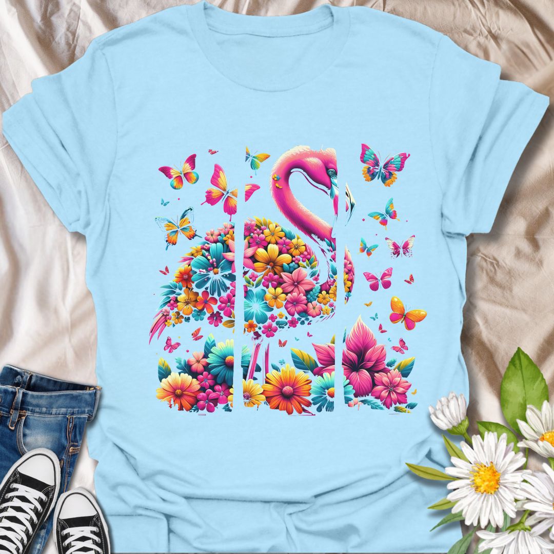 Brighten your wardrobe with this stunning flamingo made entirely of colorful flowers, surrounded by vibrant butterflies. Perfect for nature lovers, summer vibes, or anyone who adores flamingos and cheerful floral designs.
