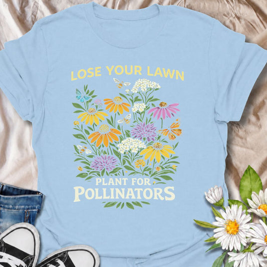 Lose your lawn and plant for pollinators. This vibrant wildflower and bee design celebrates eco-friendly gardening and supporting butterflies and bees. A perfect gift for pollinator gardeners, native plant lovers, and anyone passionate about sustainable landscapes.