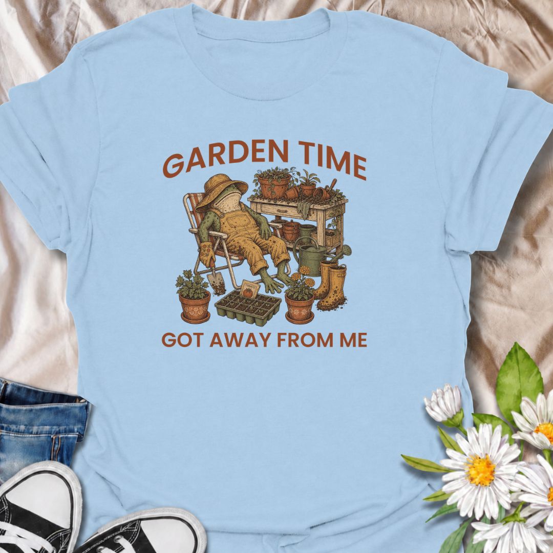 Celebrate losing track of time in the garden with this funny “Garden Time Got Away From Me” T-shirt. Featuring a relaxed frog surrounded by pots, seedlings, gardening tools, and muddy boots, it perfectly captures an afternoon that turned into an all-day garden session. A charming gift for gardeners, plant lovers, and anyone happiest pottering outdoors.