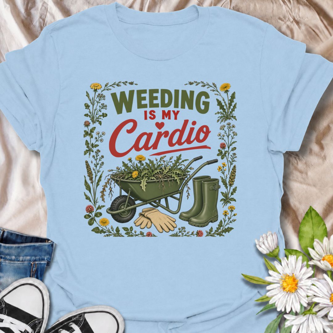 Trade the treadmill for the flower beds with this “Weeding Is My Cardio” T-shirt. Featuring a wheelbarrow full of weeds, gardening gloves, and muddy green boots, it is made for gardeners who get their exercise outdoors. A fun gift for vegetable growers, flower gardeners, and backyard garden enthusiasts.