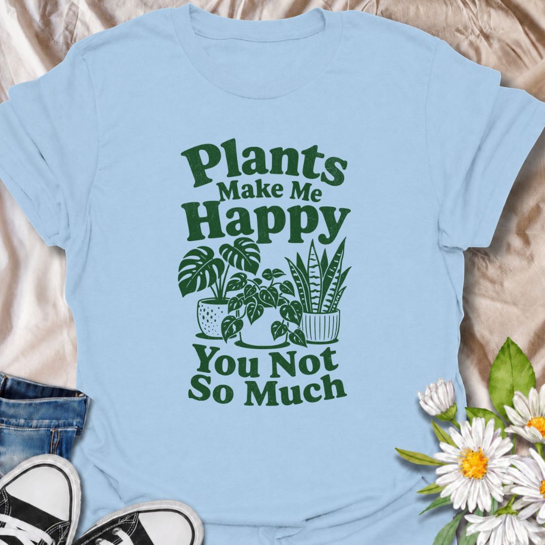 A funny plant T-shirt for anyone who would happily choose houseplants over people. The phrase “Plants Make Me Happy. You Not So Much.” delivers dry, slightly sarcastic humor that plant lovers and indoor gardeners will instantly understand. Featuring simple potted houseplants and bold retro typography, the design stays clean, readable, and easy to wear. It makes a great gift for plant parents, houseplant collectors, and anyone with a growing indoor jungle and a low tolerance for nonsense. Ideal for nursery t