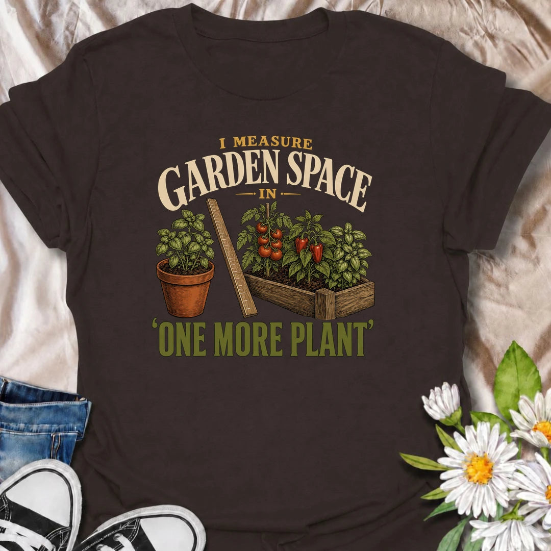 Funny gardening T-shirt for plant lovers who measure every available patch of garden by whether another plant will fit. Featuring a vintage raised bed, herbs, vegetables and measuring ruler, this design is perfect for gardeners who always find space for one more.