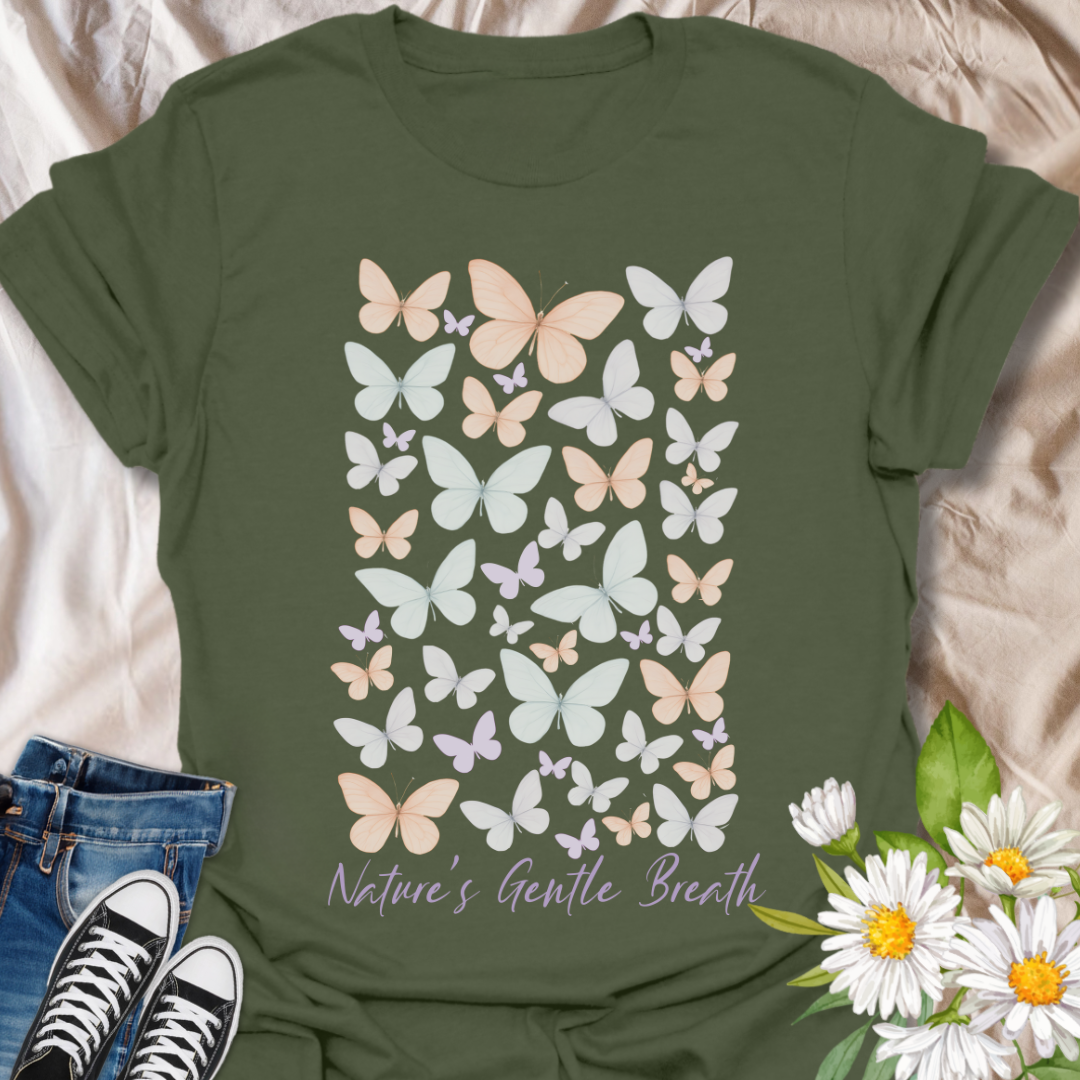 Soft pastel butterfly t-shirt with calming peach, lilac, and ivory tones and the phrase “Nature’s Gentle Breath.” A peaceful, nature-loving design perfect for mindful souls, butterfly fans, and lovers of quiet beauty.