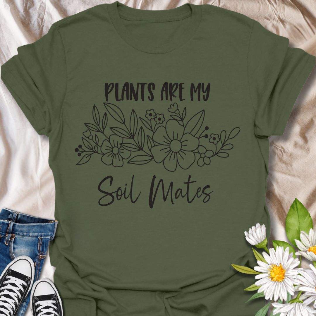 Funny gardening t-shirt with “Plants Are My Soil Mates” quote and floral line art. Perfect gift for plant lovers, garden enthusiasts, nature fans, plant moms, and anyone who loves wordplay, puns, and botanical humor. Ideal for plant parents and green thumb friends.
