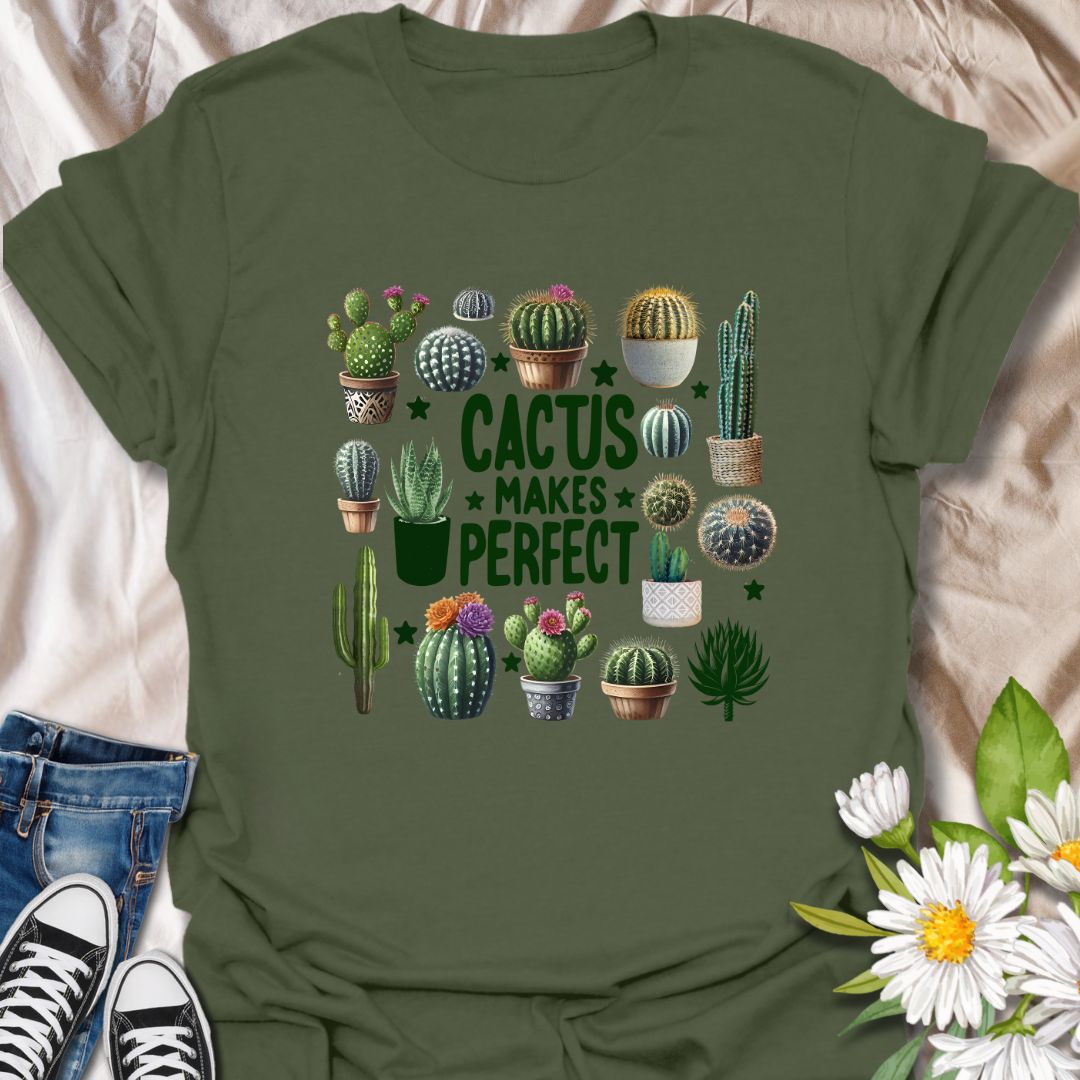 Fun cactus-themed t-shirt with colorful potted succulents and the playful phrase “Cactus Makes Perfect.” Ideal for plant parents, desert garden fans, and lovers of greenery with a sense of humor. Great gift for cactus collectors and gardeners.