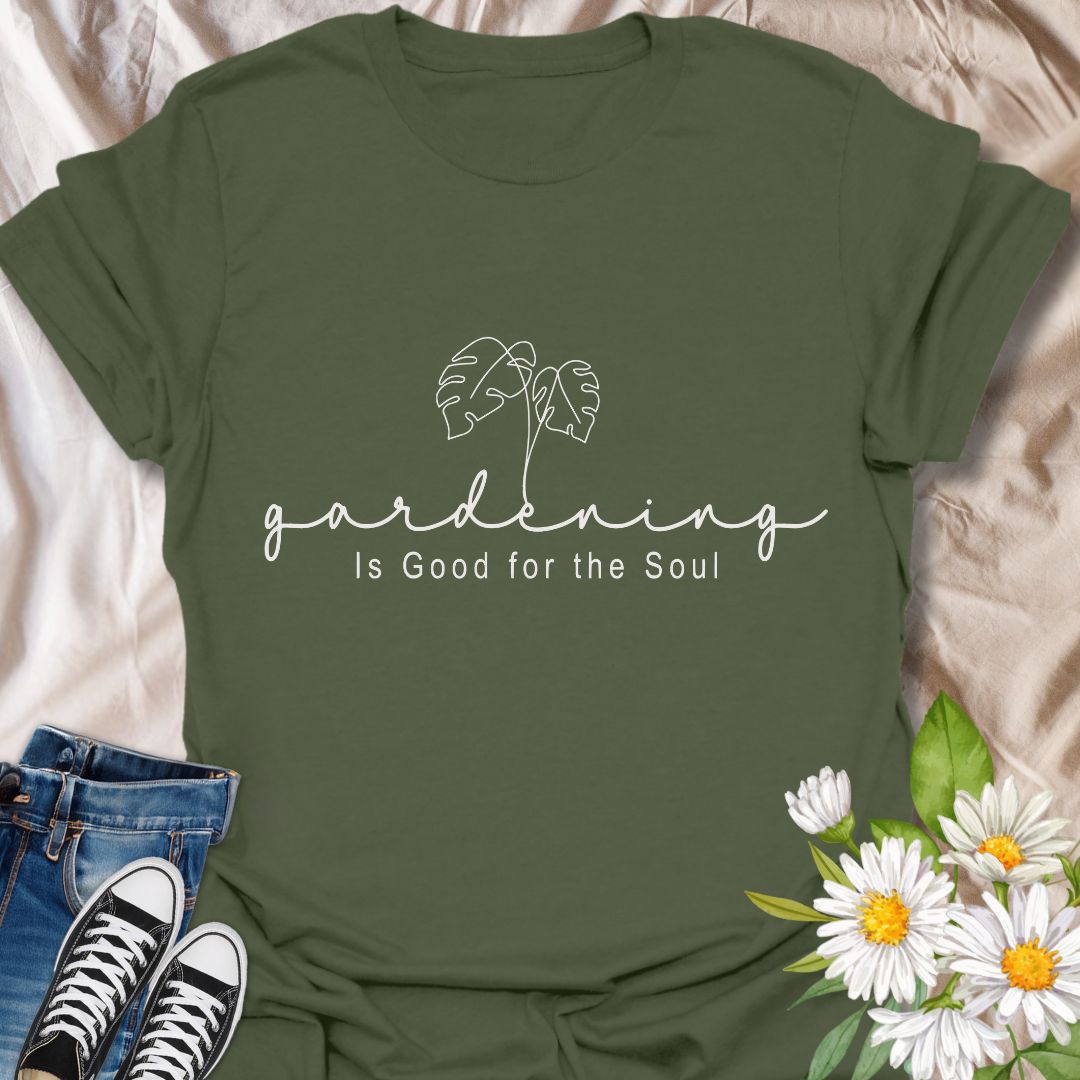 Simple and stylish gardening t-shirt with elegant line art leaves and the uplifting message 'Gardening is good for the soul.' A perfect gift for plant moms, garden lovers, and self-care advocates. Neutral tones and minimalist aesthetic for easy everyday wear or weekend plant therapy.