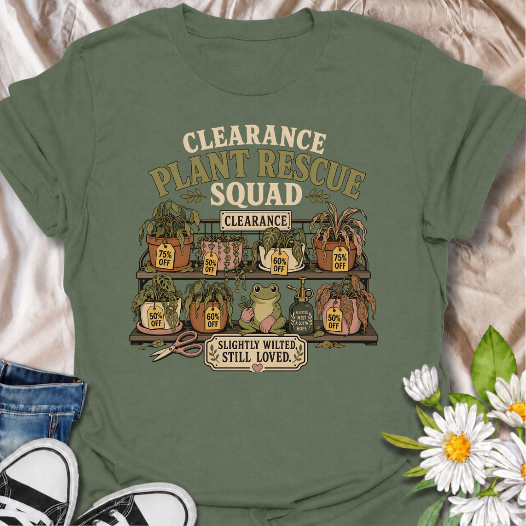 Give every wilted plant another chance with this “Clearance Plant Rescue Squad” T-shirt. Featuring discounted plants, sale tags, a hopeful frog, and the phrase “Slightly Wilted, Still Loved,” it celebrates every determined plant rescuer. A funny and heartfelt gift for gardeners who cannot leave a struggling plant behind.