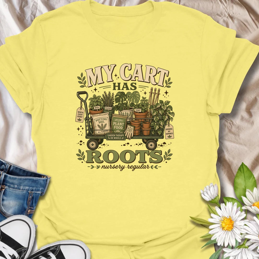 A funny plant shopping T-shirt for anyone who fills a cart with plants, pots, soil, and gardening supplies. The vintage-style design features a wagon overflowing with herbs, houseplants, terracotta pots, and plant food. A perfect gift for nursery regulars, gardeners, and devoted plant shoppers.