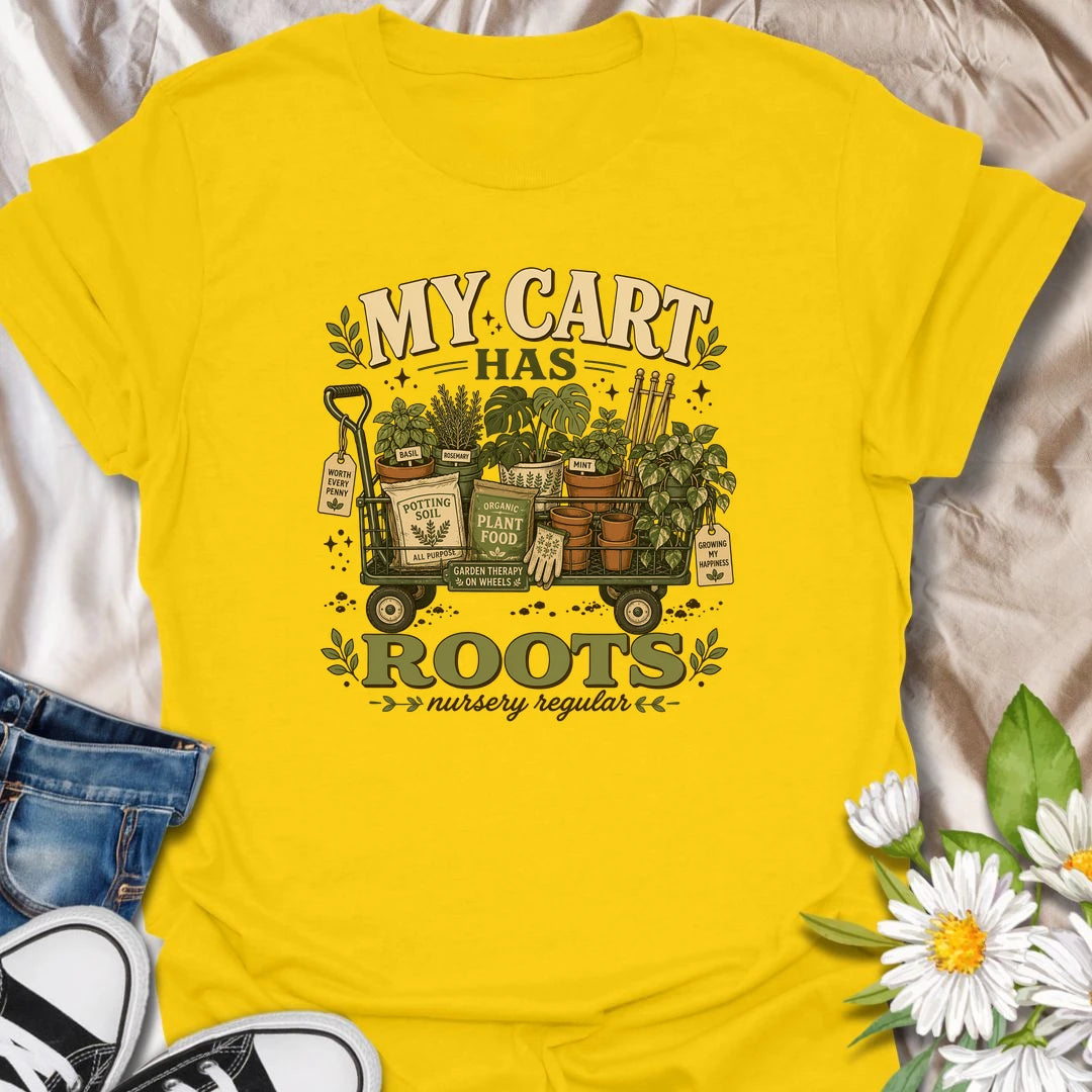 A funny plant shopping T-shirt for anyone who fills a cart with plants, pots, soil, and gardening supplies. The vintage-style design features a wagon overflowing with herbs, houseplants, terracotta pots, and plant food. A perfect gift for nursery regulars, gardeners, and devoted plant shoppers.