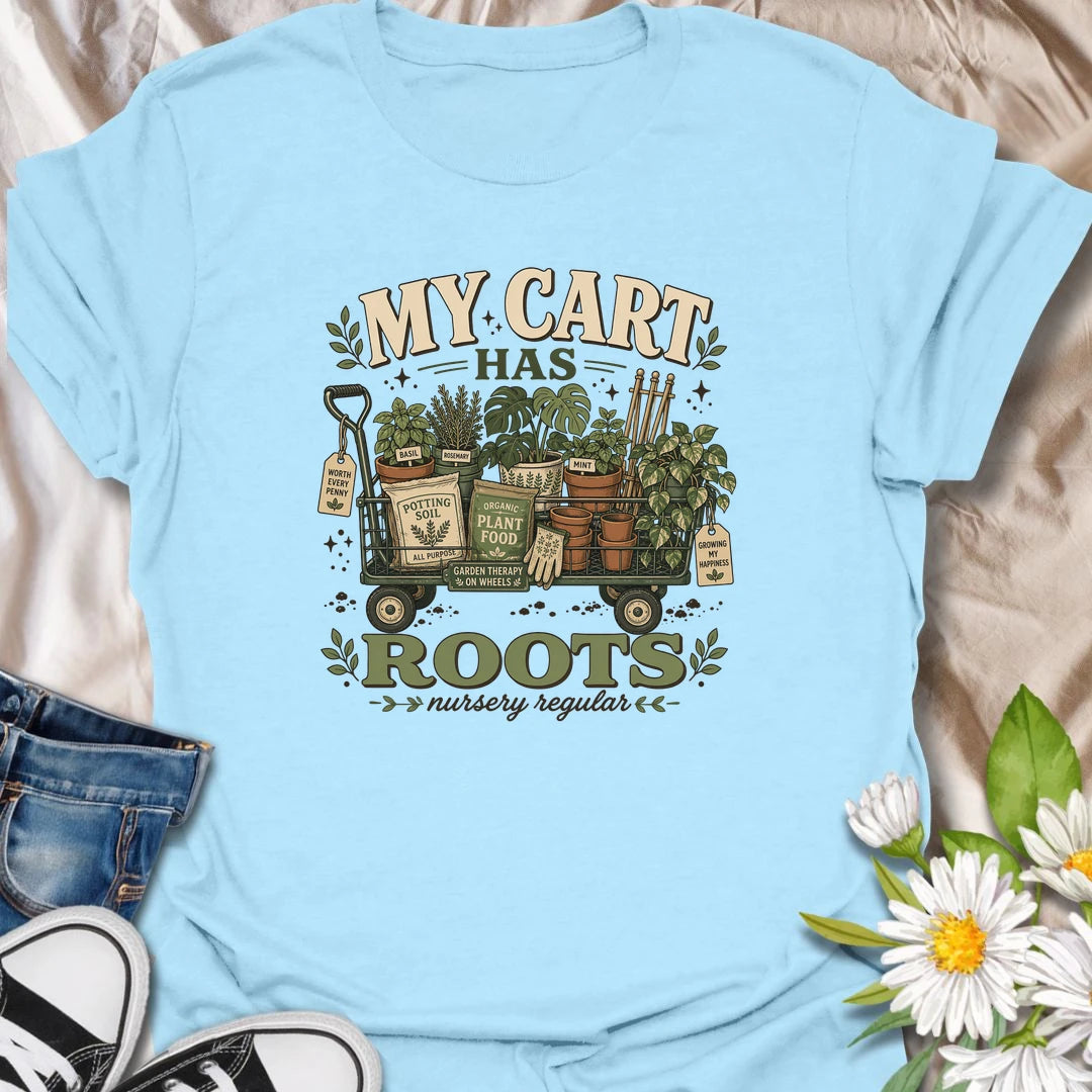 A funny plant shopping T-shirt for anyone who fills a cart with plants, pots, soil, and gardening supplies. The vintage-style design features a wagon overflowing with herbs, houseplants, terracotta pots, and plant food. A perfect gift for nursery regulars, gardeners, and devoted plant shoppers.