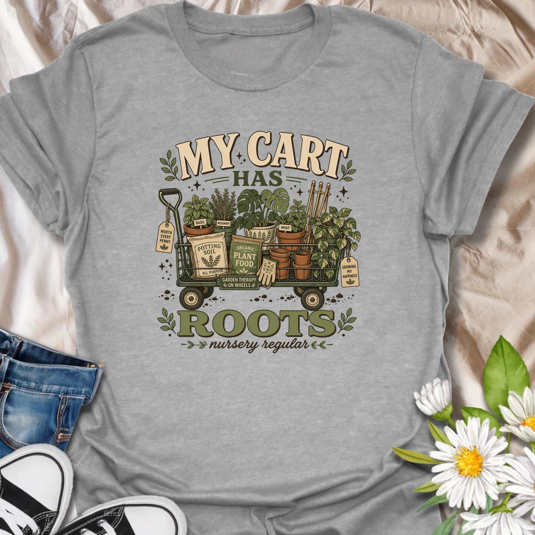 A funny plant shopping T-shirt for anyone who fills a cart with plants, pots, soil, and gardening supplies. The vintage-style design features a wagon overflowing with herbs, houseplants, terracotta pots, and plant food. A perfect gift for nursery regulars, gardeners, and devoted plant shoppers.
