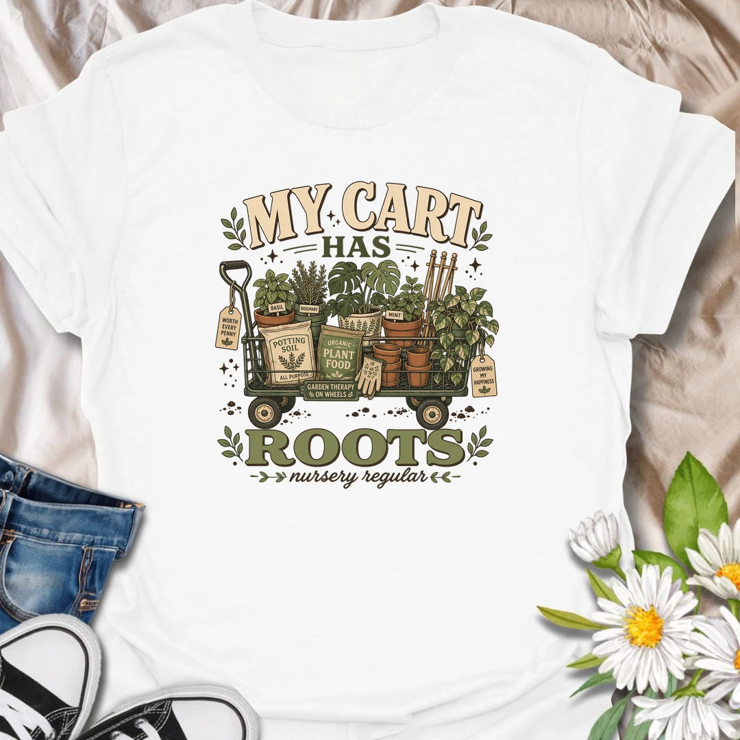 A funny plant shopping T-shirt for anyone who fills a cart with plants, pots, soil, and gardening supplies. The vintage-style design features a wagon overflowing with herbs, houseplants, terracotta pots, and plant food. A perfect gift for nursery regulars, gardeners, and devoted plant shoppers.