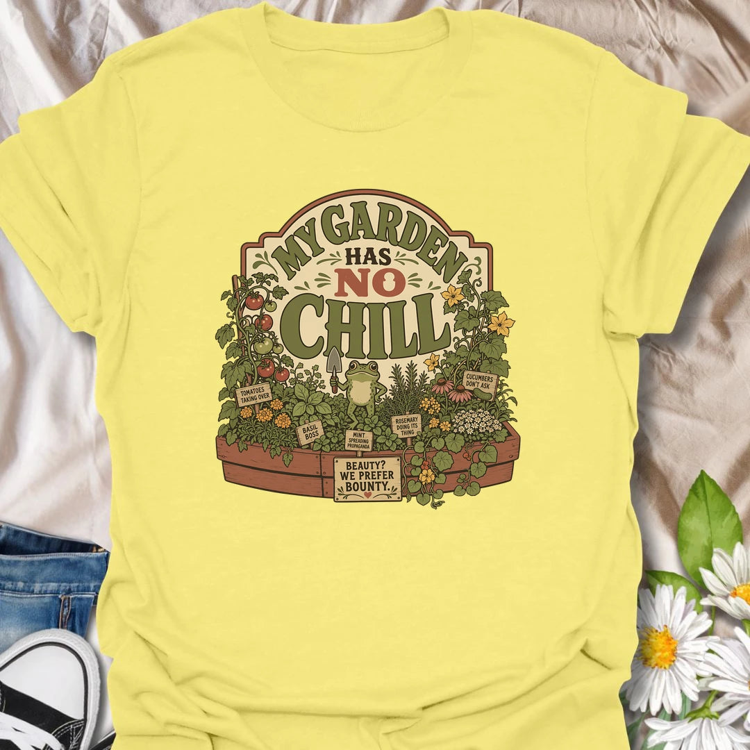 Funny garden t-shirt for gardeners whose raised beds are full of wild growth and zero chill.
Features a lush vegetable and herb garden with a bold message and playful frog detail.
Perfect for veggie gardeners, herb lovers, frog fans, and anyone whose garden grows a little out of control.