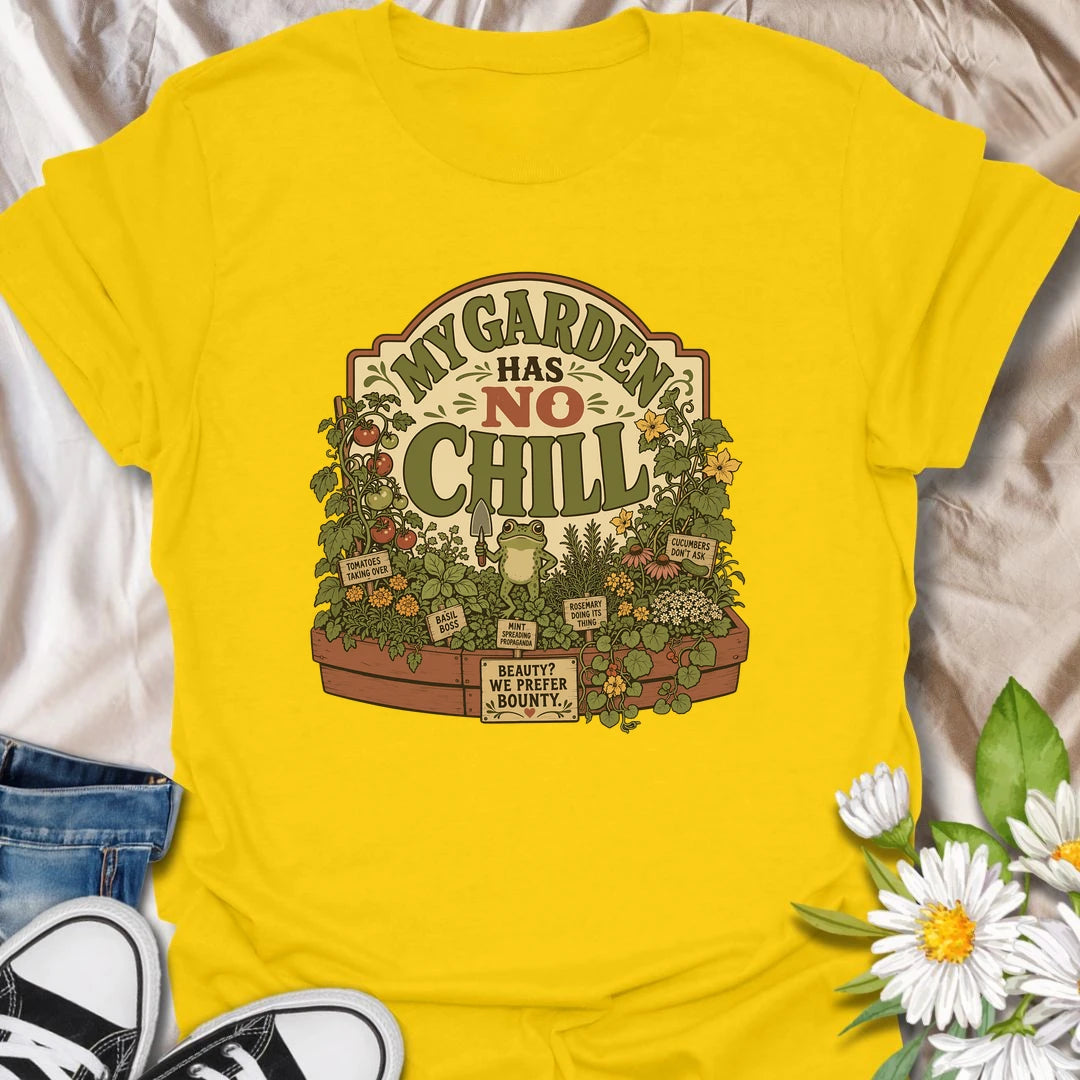 Funny garden t-shirt for gardeners whose raised beds are full of wild growth and zero chill.
Features a lush vegetable and herb garden with a bold message and playful frog detail.
Perfect for veggie gardeners, herb lovers, frog fans, and anyone whose garden grows a little out of control.