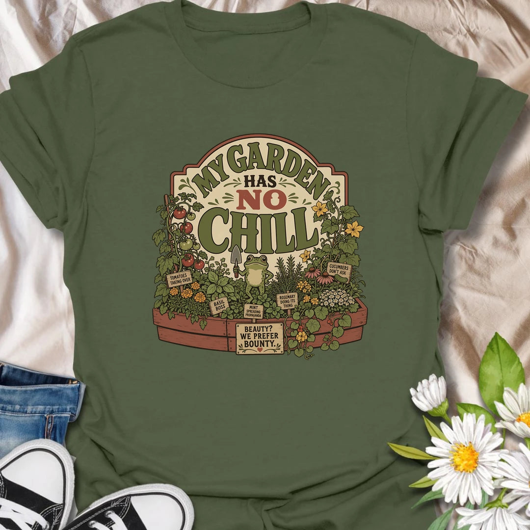 Funny garden t-shirt for gardeners whose raised beds are full of wild growth and zero chill.
Features a lush vegetable and herb garden with a bold message and playful frog detail.
Perfect for veggie gardeners, herb lovers, frog fans, and anyone whose garden grows a little out of control.