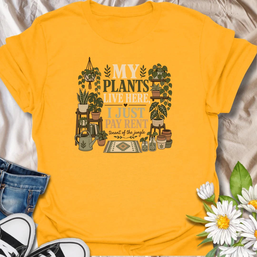 Declare who really owns the home with this “My Plants Live Here, I Just Pay Rent” T-shirt. The cozy design features shelves of houseplants, propagation jars, pots, and gardening accessories. It makes a funny gift for plant parents whose indoor jungle has taken over every available surface.