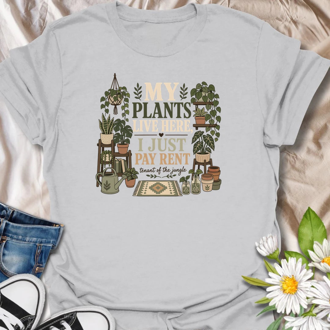 Declare who really owns the home with this “My Plants Live Here, I Just Pay Rent” T-shirt. The cozy design features shelves of houseplants, propagation jars, pots, and gardening accessories. It makes a funny gift for plant parents whose indoor jungle has taken over every available surface.