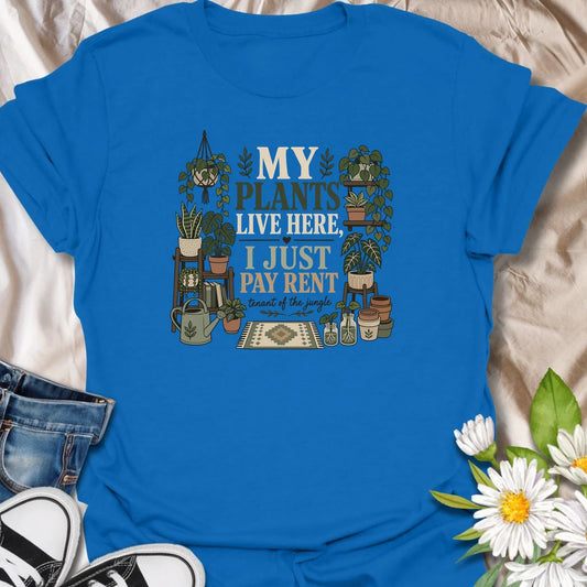 Declare who really owns the home with this “My Plants Live Here, I Just Pay Rent” T-shirt. The cozy design features shelves of houseplants, propagation jars, pots, and gardening accessories. It makes a funny gift for plant parents whose indoor jungle has taken over every available surface.