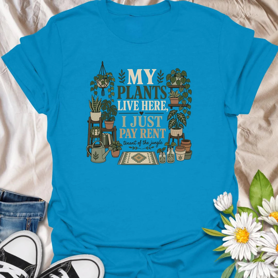 Declare who really owns the home with this “My Plants Live Here, I Just Pay Rent” T-shirt. The cozy design features shelves of houseplants, propagation jars, pots, and gardening accessories. It makes a funny gift for plant parents whose indoor jungle has taken over every available surface.