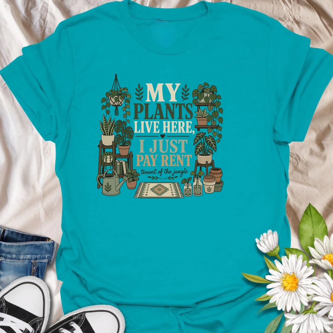 Declare who really owns the home with this “My Plants Live Here, I Just Pay Rent” T-shirt. The cozy design features shelves of houseplants, propagation jars, pots, and gardening accessories. It makes a funny gift for plant parents whose indoor jungle has taken over every available surface.