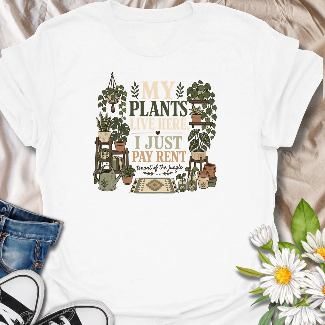 Declare who really owns the home with this “My Plants Live Here, I Just Pay Rent” T-shirt. The cozy design features shelves of houseplants, propagation jars, pots, and gardening accessories. It makes a funny gift for plant parents whose indoor jungle has taken over every available surface.