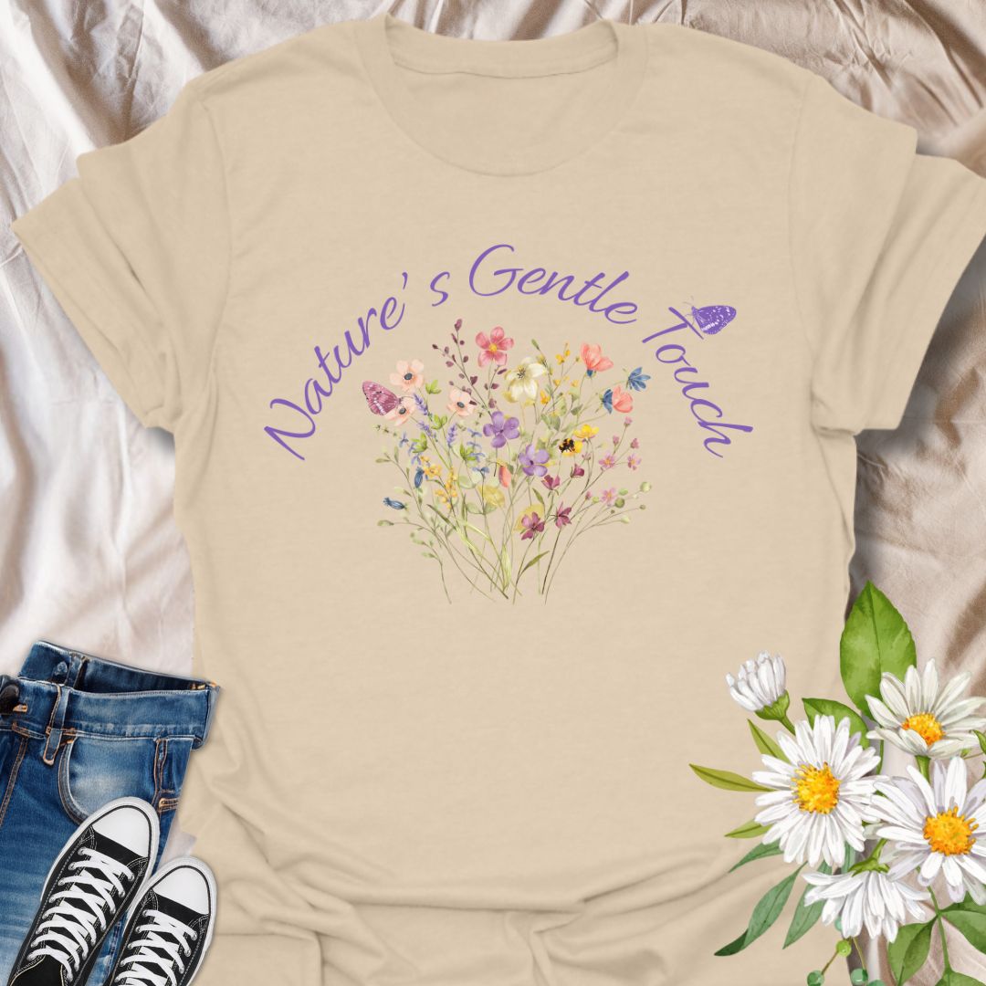 Beautiful flowers with text saying 'Nature's Gentle Touch' curving around flowers in a lilac font, and a butterfly gently resting within the design.