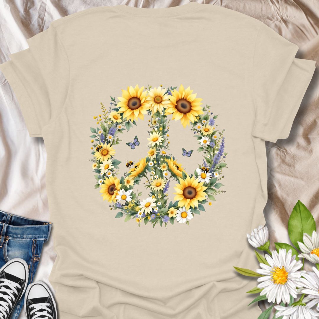 Beautiful peace sign made from bright sunflowers, daisies, and wildflowers with bees and butterflies. Ideal boho t-shirt for nature lovers, gardeners, and flower enthusiasts. Natural