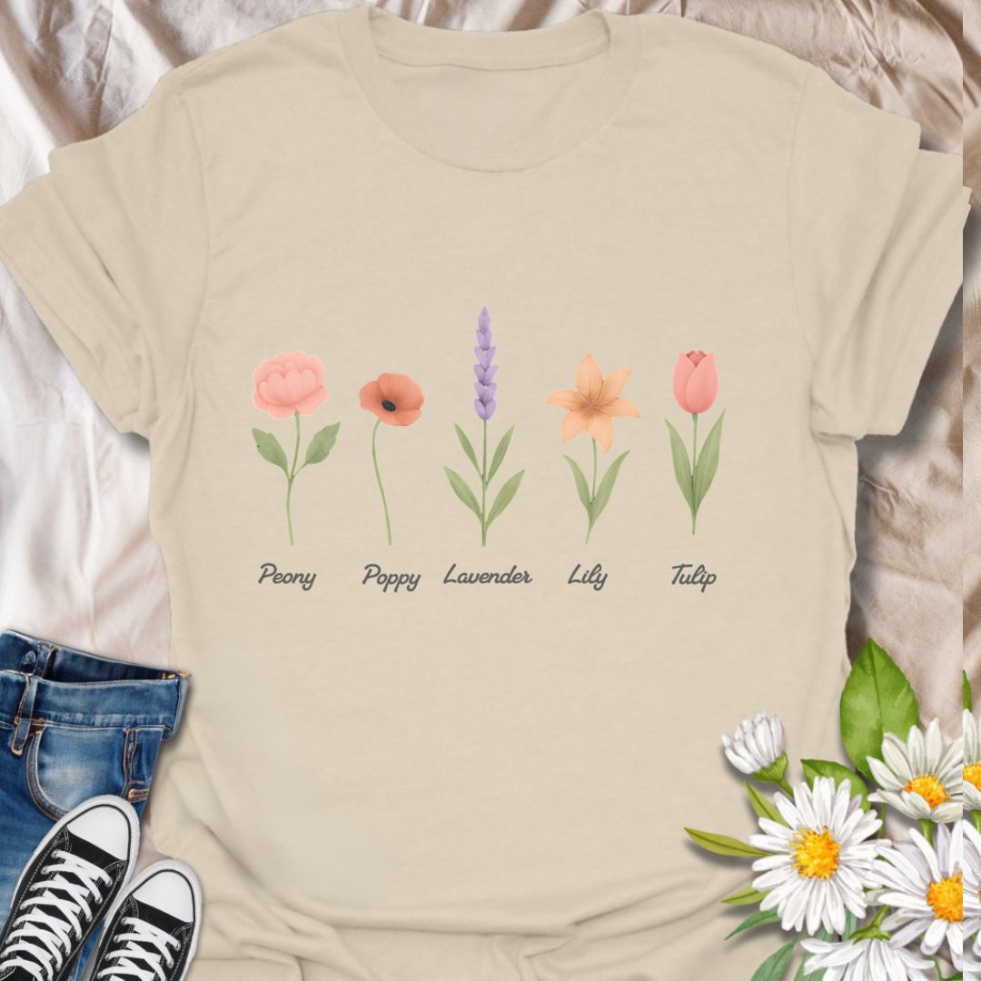 Celebrate your love for nature with this elegant floral t-shirt featuring labeled illustrations of five favorite flowers: Peony, Poppy, Lavender, Lily, and Tulip. Perfect for plant lovers, garden enthusiasts, and flower fans alike, this botanical tee adds a fresh, feminine touch to your wardrobe and makes a charming gift for gardeners and wildflower lovers.