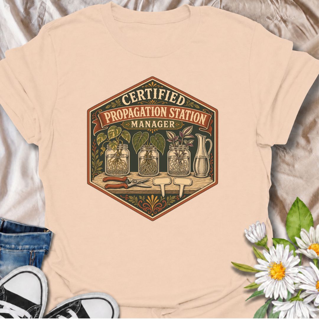 Show off your plant-growing expertise with this “Certified Propagation Station Manager” T-shirt. Featuring rooted cuttings in glass jars, plant markers, pruning shears, and a vintage badge-style design, it is perfect for plant lovers who always have a propagation project underway. A fun gift for houseplant collectors, plant moms, and indoor gardeners.