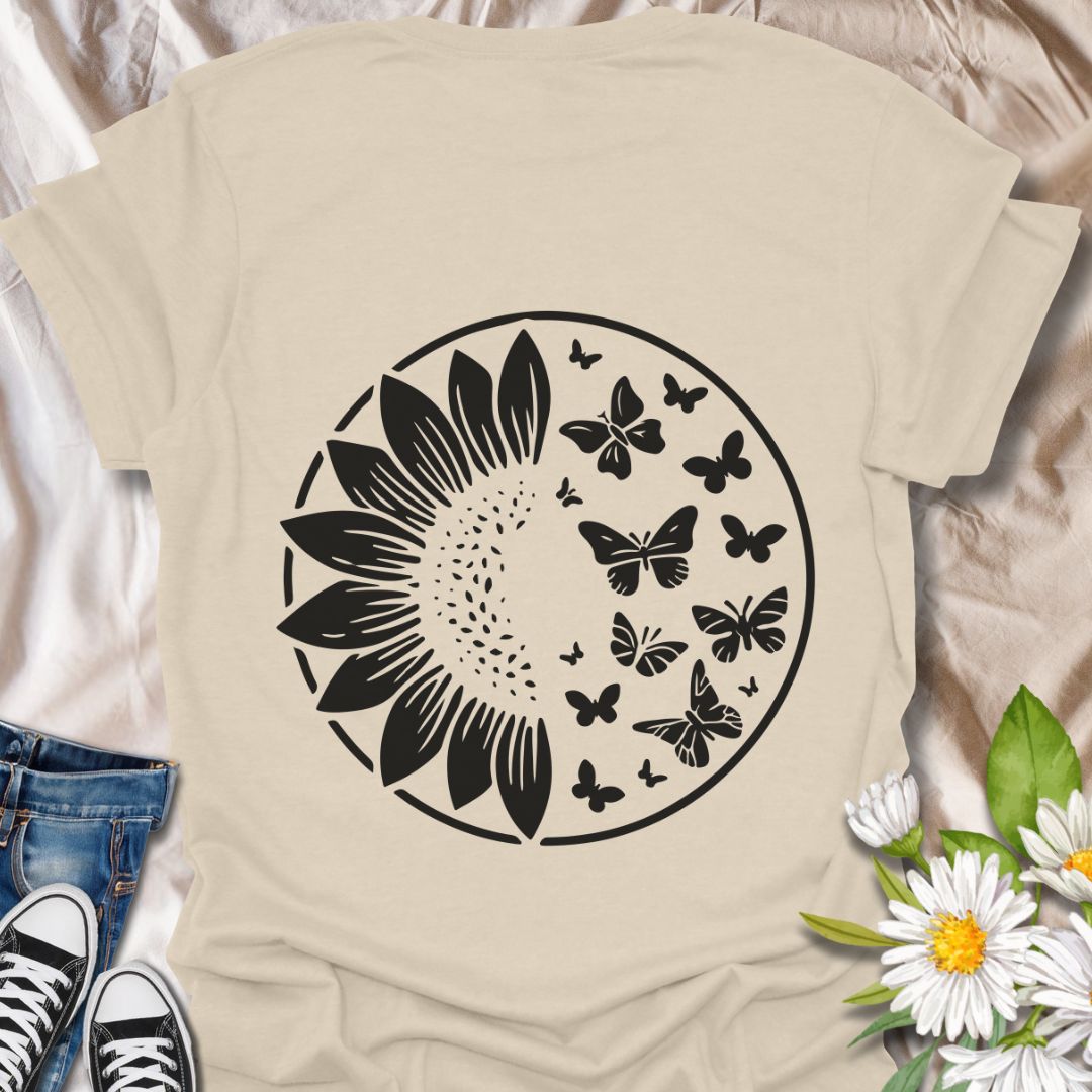 Stylish sunflower and butterflies circle t-shirt featuring bold white line art. Perfect for nature lovers, garden enthusiasts, and floral fashion fans. A botanical tee celebrating growth, beauty, and transformation with a modern minimalist twist.