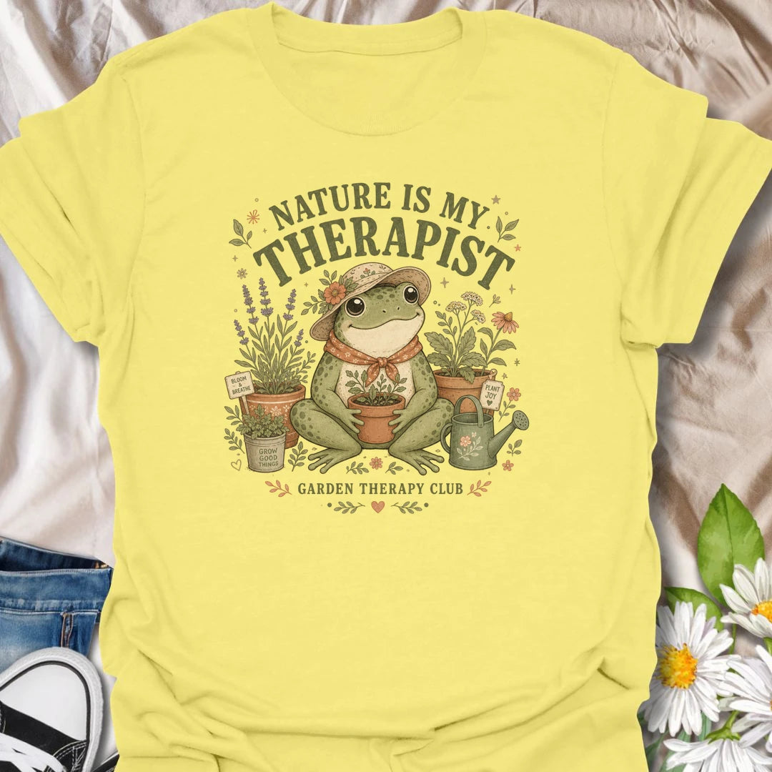 Nature Is My Therapist t-shirt for gardeners, plant lovers, and outdoor souls who feel happiest surrounded by flowers, herbs, plants, and fresh air.