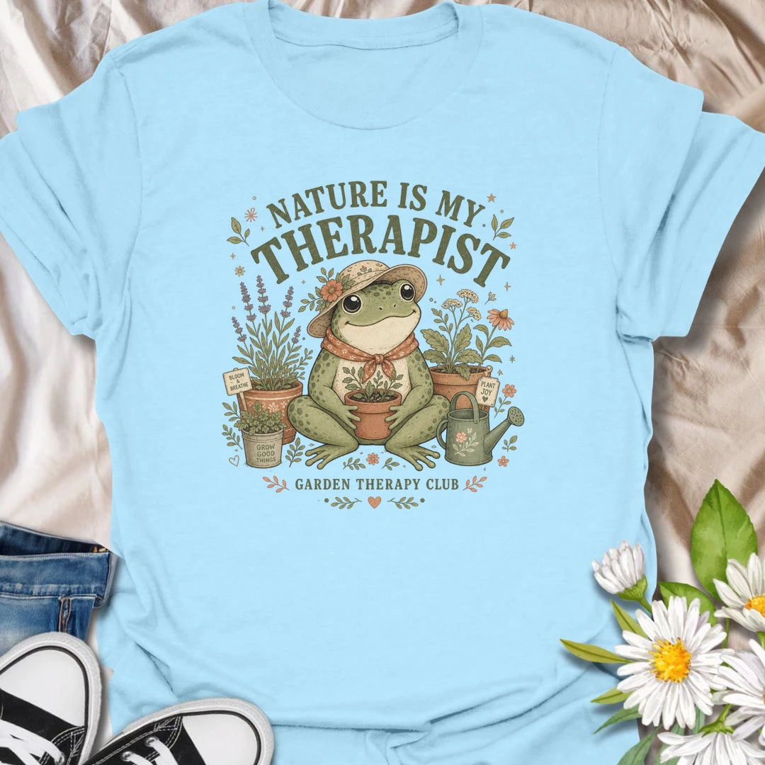 Nature Is My Therapist t-shirt for gardeners, plant lovers, and outdoor souls who feel happiest surrounded by flowers, herbs, plants, and fresh air.