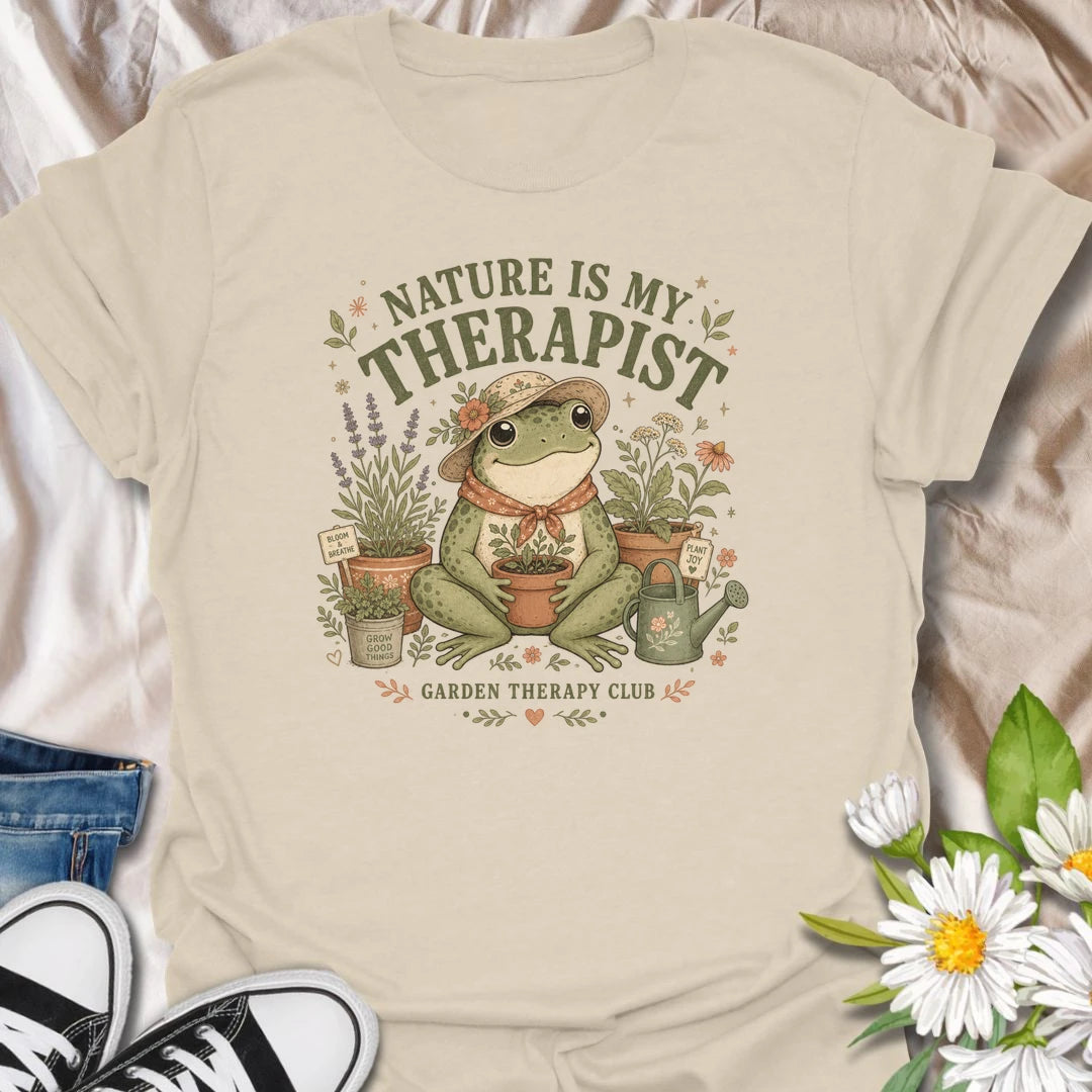 Nature Is My Therapist t-shirt for gardeners, plant lovers, and outdoor souls who feel happiest surrounded by flowers, herbs, plants, and fresh air.