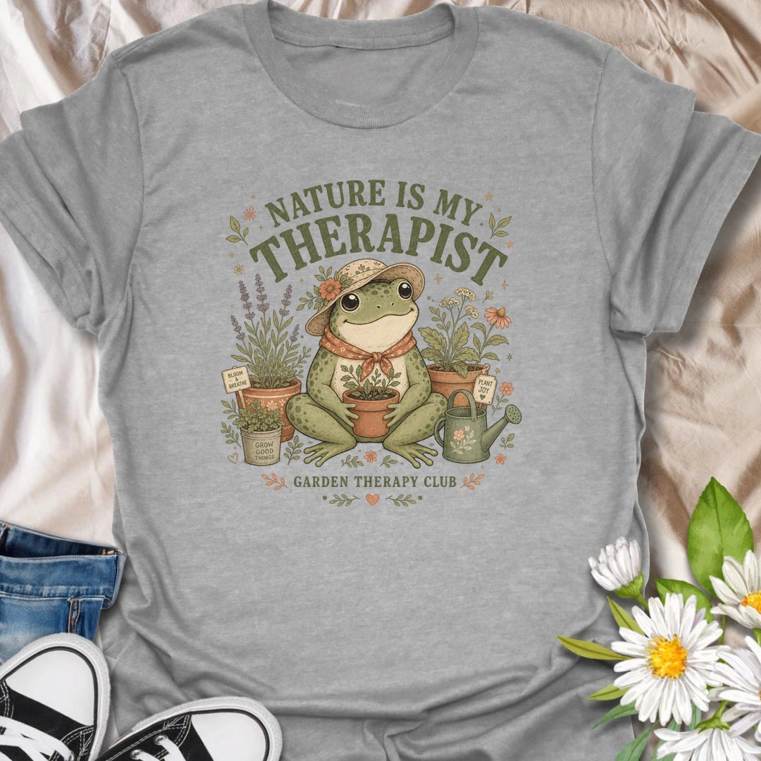 Nature Is My Therapist t-shirt for gardeners, plant lovers, and outdoor souls who feel happiest surrounded by flowers, herbs, plants, and fresh air.