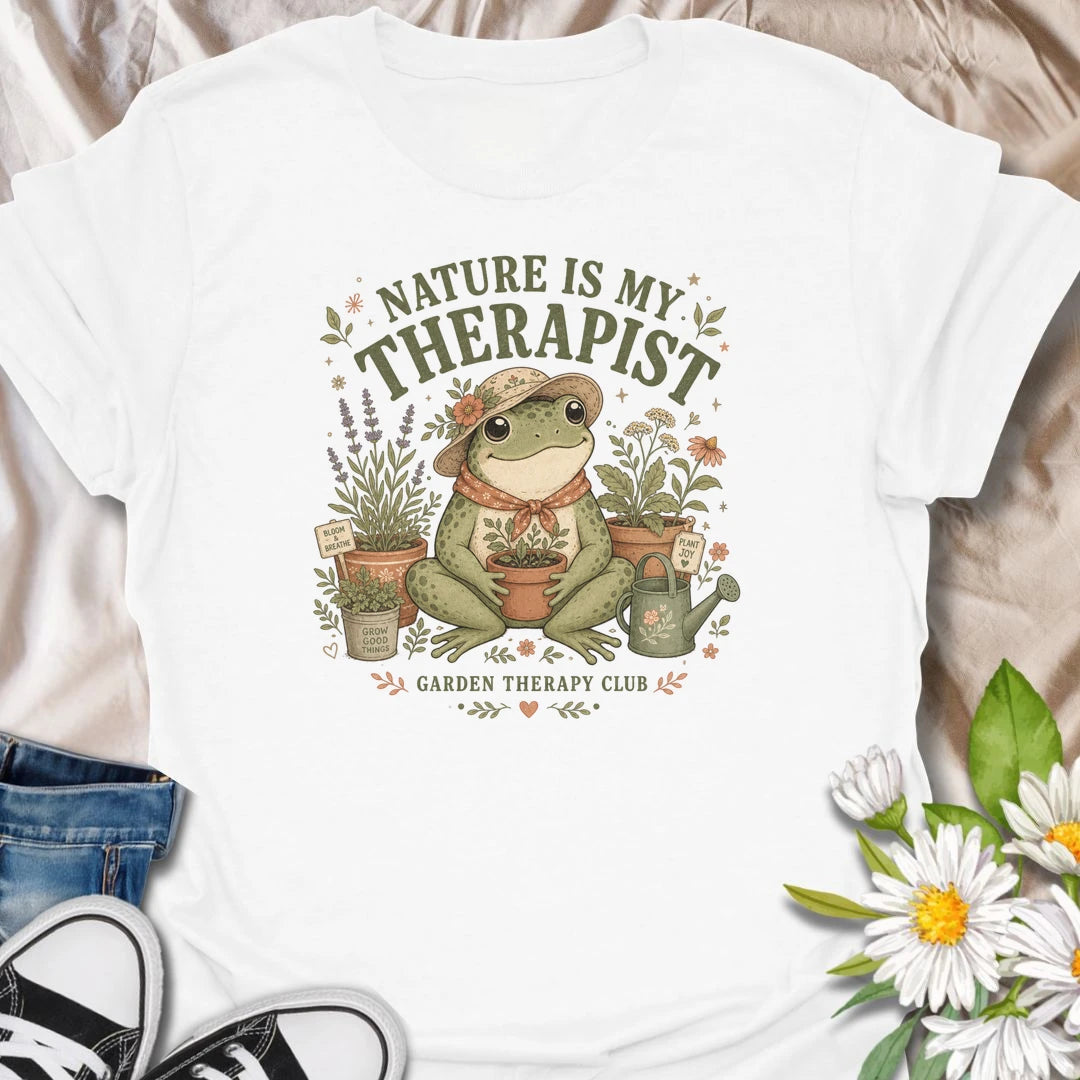 Nature Is My Therapist t-shirt for gardeners, plant lovers, and outdoor souls who feel happiest surrounded by flowers, herbs, plants, and fresh air.