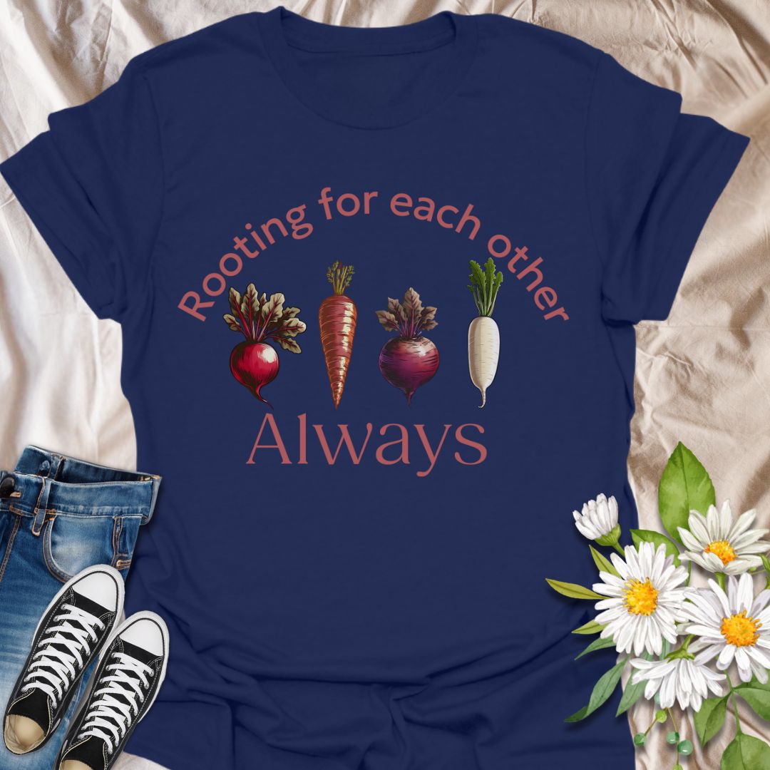 Playful vegetable pun t-shirt featuring carrots, beets, turnips, and radishes with the phrase ‘Rooting for each other always.’ A perfect gift for gardeners, veggie lovers, plant moms, and anyone who loves wholesome humor and plant-based designs