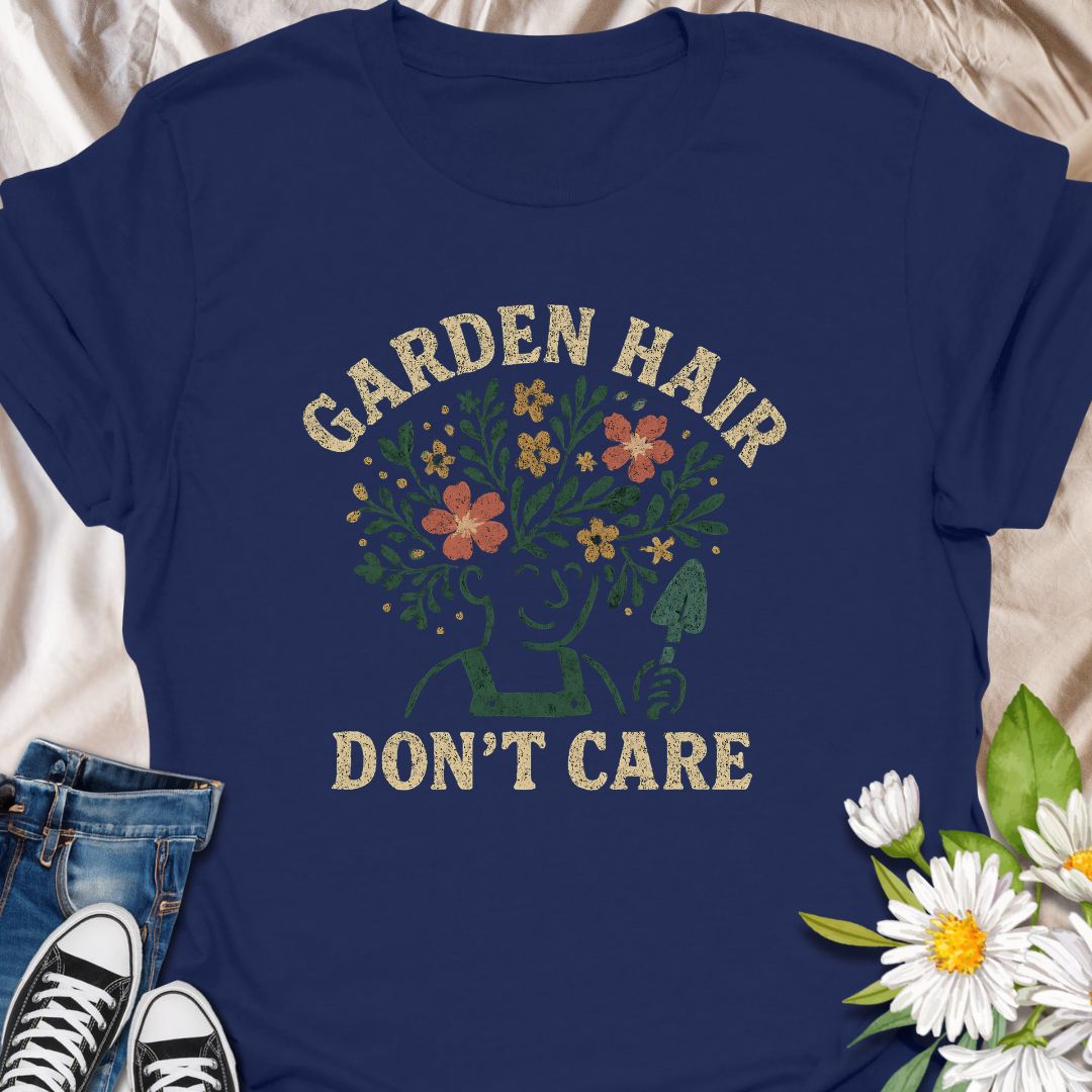 Embrace your wild gardening spirit with this fun "Garden Hair Don’t Care" t-shirt—perfect for plant lovers who dig into nature without worrying about the mess. A great gift for gardeners, plant parents, or anyone who wears their love for blooms proudly.