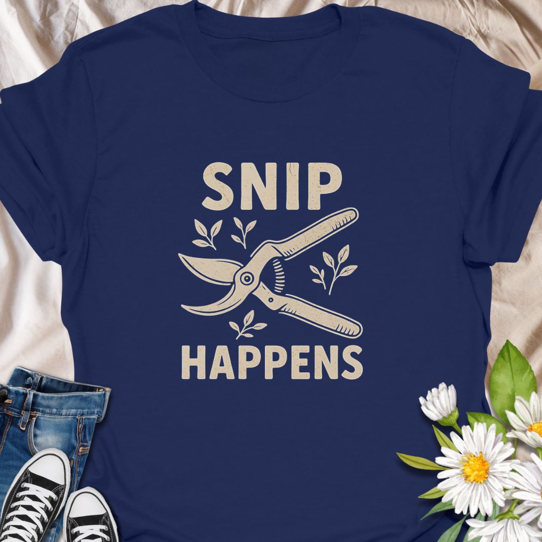 Add humor to your garden gear with this funny "Snip Happens" gardening t-shirt. Featuring classic pruners and a cheeky pun, it's perfect for plant lovers, backyard growers, and anyone who appreciates a good garden joke. Great gift for horticulturists, florists, and green thumbs who love a laugh.