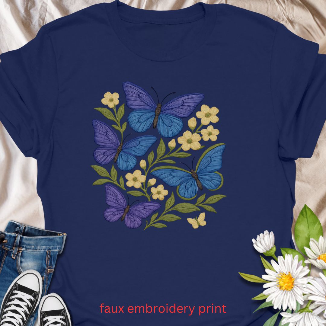 Bring whimsical garden vibes to your wardrobe with this faux embroidery butterfly and floral t-shirt. Featuring vibrant blue and purple butterflies among soft yellow flowers, this nature-inspired design mimics stitched embroidery for a cozy, handmade look—without the thread. Perfect for lovers of cottagecore fashion, pollinator gardens, and floral aesthetics.
