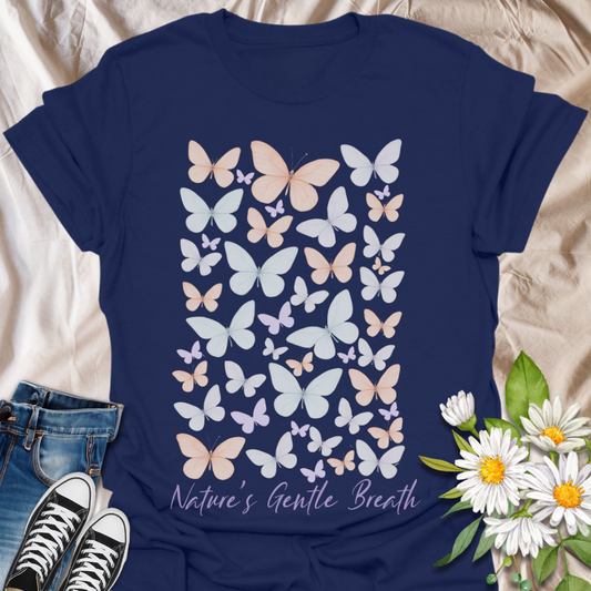 Soft pastel butterfly t-shirt with calming peach, lilac, and ivory tones and the phrase “Nature’s Gentle Breath.” A peaceful, nature-loving design perfect for mindful souls, butterfly fans, and lovers of quiet beauty.
