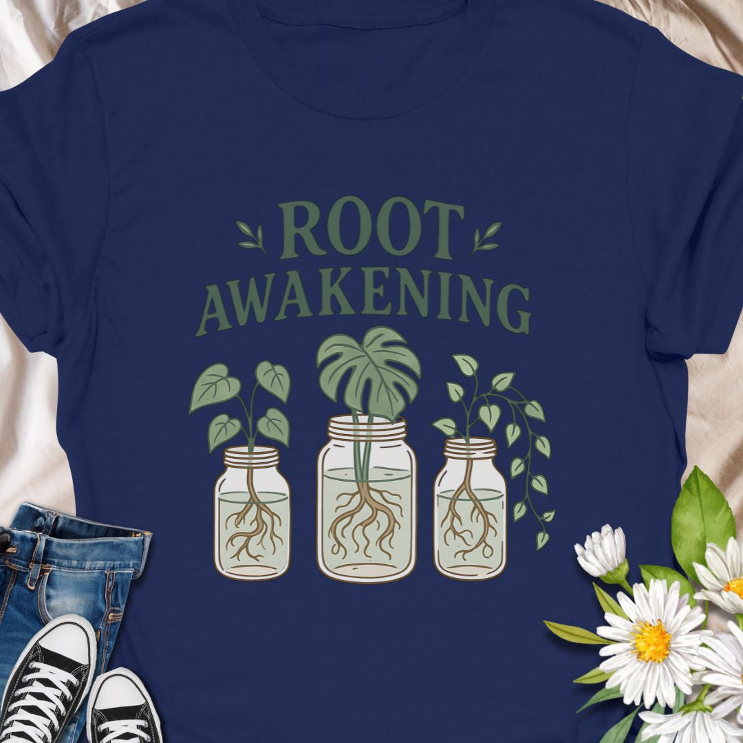 
For plant enthusiasts who love jar propagation, this t-shirt blends clever wordplay with a soft green aesthetic - Soft, lived-in comfort meets quiet green joy. This  tee carries a gentle plant-lover’s message — ‘Root Awakening’ above three mason jars with thriving cuttings and visible roots. The muted greens and hand-drawn lines give it a botanical, cottage-core vibe that reads as calm and intentional. 