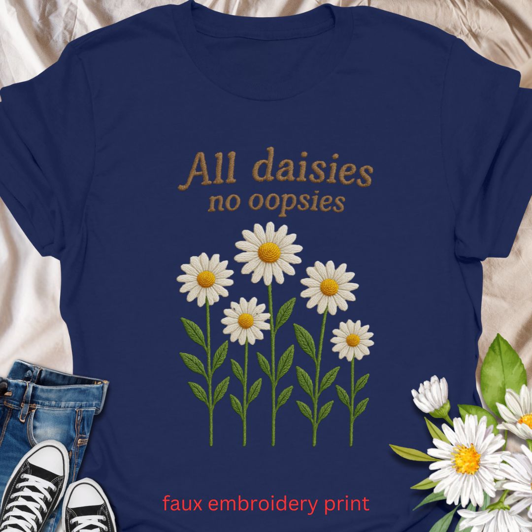 Bring a playful twist to your plant-loving wardrobe with this faux embroidery “All Daisies No Oopsies” t-shirt. Featuring a charming stitched-look daisy design, this tee blends floral cheer with a fun phrase, perfect for gardeners, plant moms, and anyone who loves whimsical nature-themed apparel.