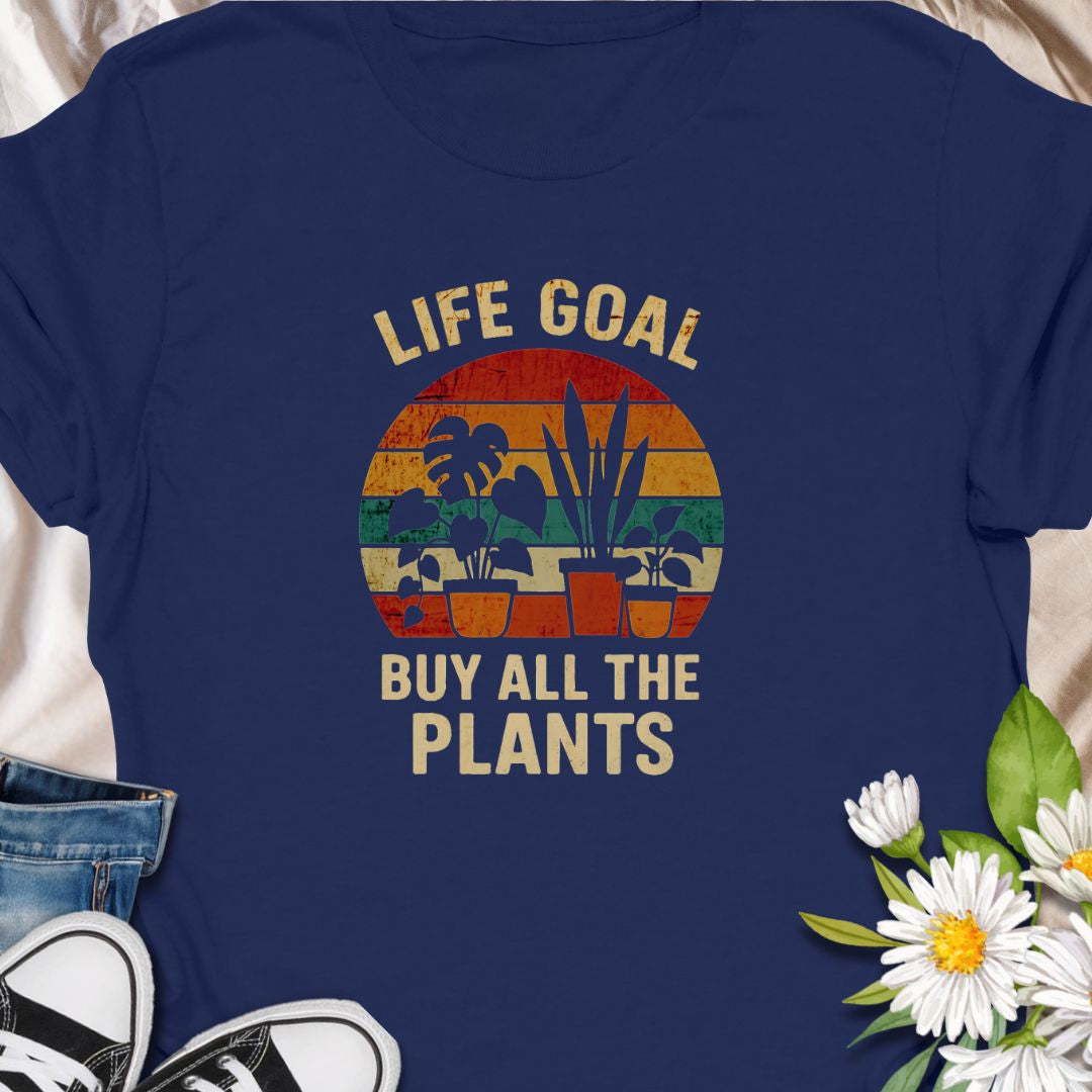 Set your priorities straight with this vintage-style “Life Goal: Buy All The Plants” tee! Featuring a colorful retro design with potted plants, it's the perfect shirt for proud plant collectors, indoor jungle creators, and every crazy plant person. A must-have for plant moms and dads!