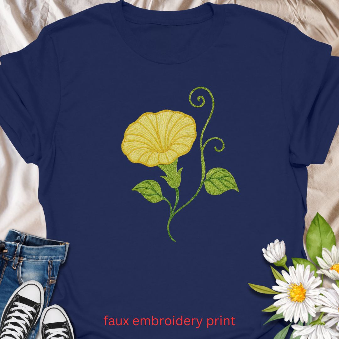 Add a touch of garden charm to your outfit with this faux embroidery t-shirt featuring a delicate yellow morning glory flower. Designed with a stitched-look finish, this nature-inspired tee is perfect for plant lovers, gardeners, and fans of floral simplicity. A soft, botanical vibe for everyday wear or gifting.