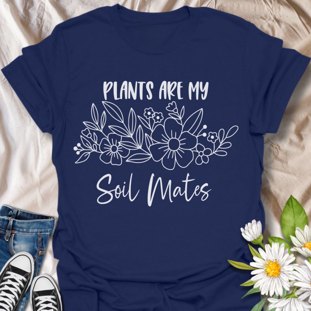 Funny gardening t-shirt with “Plants Are My Soil Mates” quote and floral line art. Perfect gift for plant lovers, garden enthusiasts, nature fans, plant moms, and anyone who loves wordplay, puns, and botanical humor. Ideal for plant parents and green thumb friends.