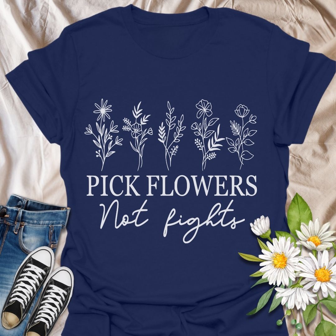 Promote peace and positivity with this “Pick Flowers Not Fights” botanical t-shirt. Featuring minimalist hand-drawn floral illustrations, it’s perfect for garden lovers, plant moms, and kindness advocates.