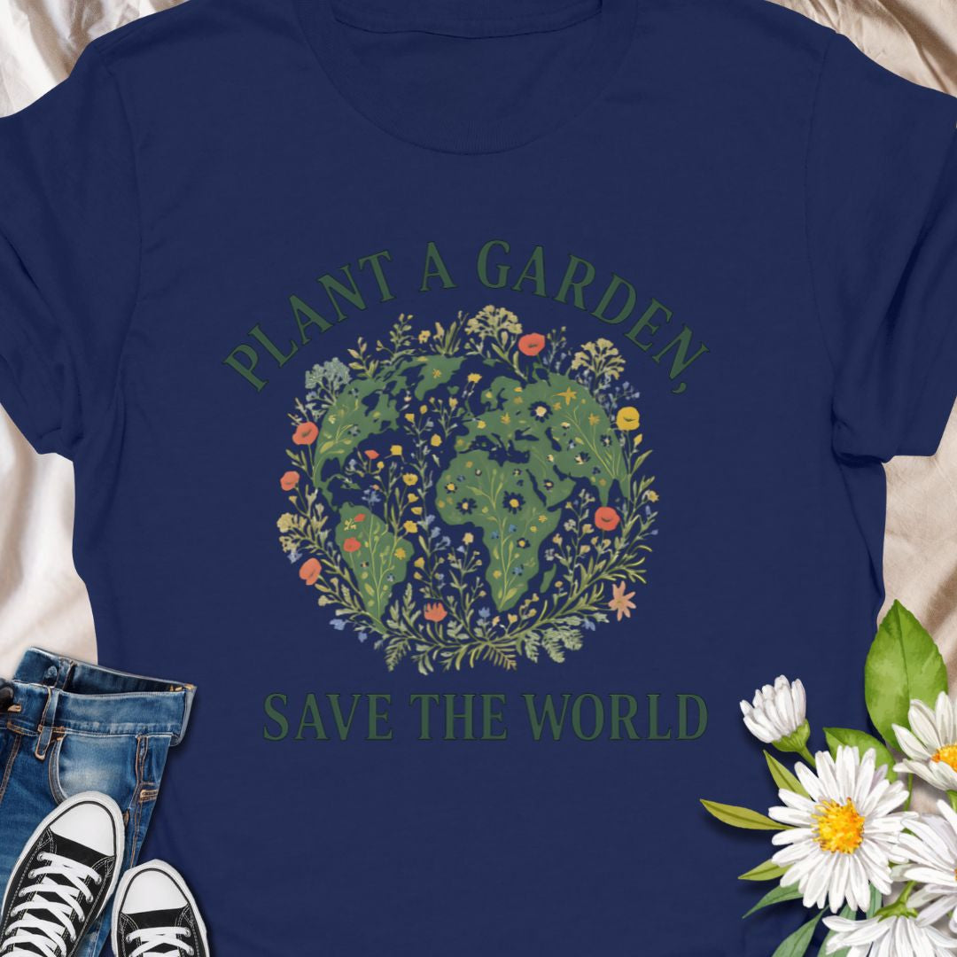 Inspire eco-conscious gardening with this "Plant a Garden, Save the World" t-shirt. Perfect for Earth Day, gardeners, and plant-based lifestyle advocates. This tee carries a gentle message: Plant a garden, save the world. The artful globe filled with leaves, flowers, and tiny pollinators sits center chest—subtle, hopeful, and easy to wear every day. 